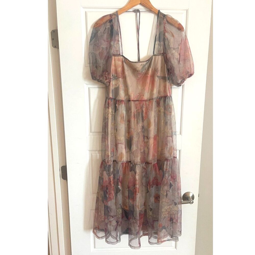 H&M Floral Puff Sleeve Organza Midi Dress Blogger Favorite Size S - Picture 5 of 5